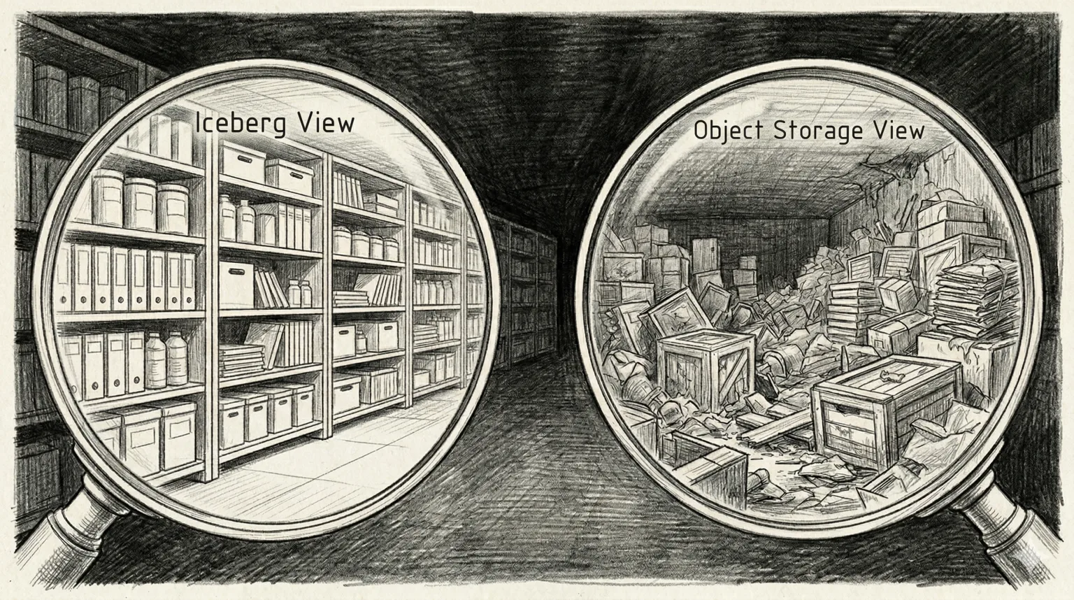 Split-view pencil illustration contrasting a tidy Iceberg metadata view with a cluttered object storage view.