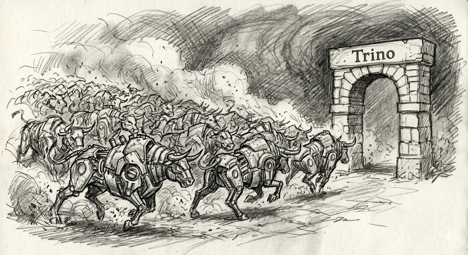 Pencil illustration of a stampede of retrying robot horses rushing toward a Trino gateway.