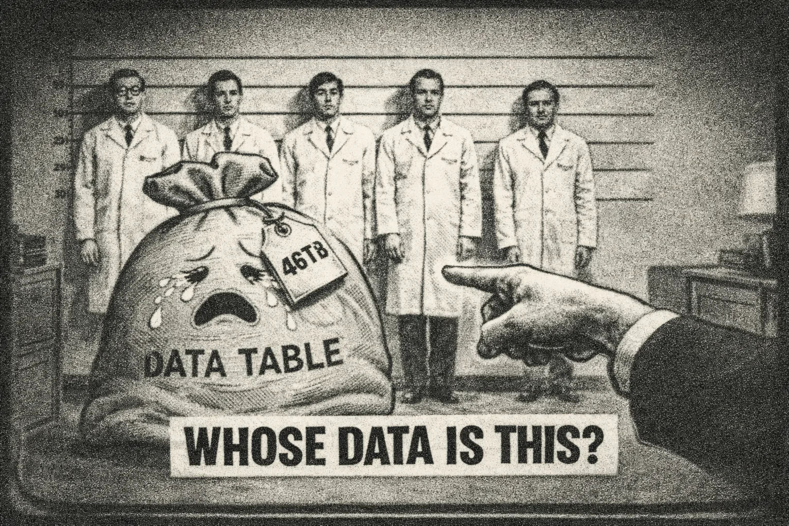 Black-and-white illustration of a large data table in a lineup while a hand asks whose data it is.